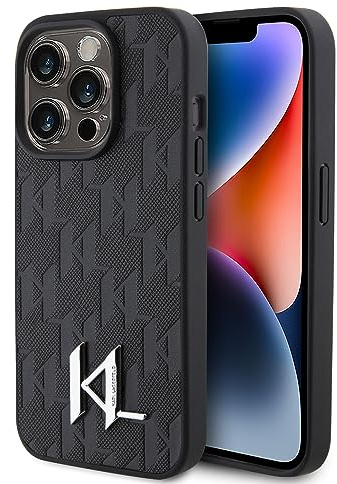 Karl Lagerfeld KLHCP15LPKLPKLK Phone Protector Case for iPhone 15 Pro 6.1 Inch Black Hard Case Leather Monogram Hot Stamp Metal Logo