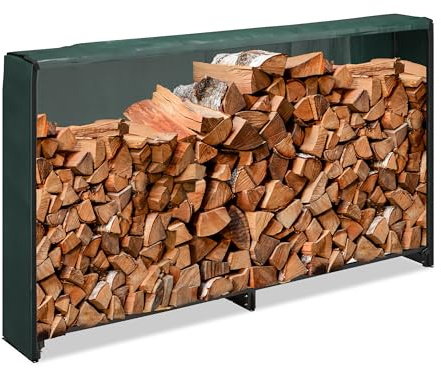 Relaxdays Kaminholzregal mit Abdeckung, für Holz ab 25 cm, Brennholzregal aus Eisen, HBT: 110x200x29 cm, schwarz/grün