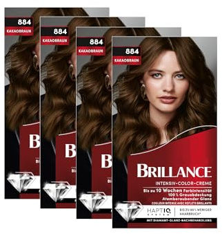 Brillance Intensiv-Color-Creme 884 Kakaobraun (4x 160 ml), dauerhafte Haarfarbe mit Diamant-Glanz und Pflege-Conditioner, für 10 Wochen Farbintesität