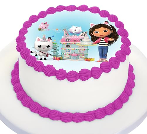 Kardasis Gabby’s Dollhouse cake topper avec papier sucre | Topper comestible pour gâteaux | Disque Azyme Décoration de gâteau pour l'anniversaire à thème Gabby's Chat | 20 cm