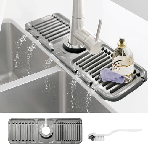 Daily Treasures Paraspruzzi in silicone per rubinetto con spazzola, grande pendenza a 5°, paraspruzzi (33 x 11,9 cm), tappetino paraspruzzi per lavello da cucina (grew)