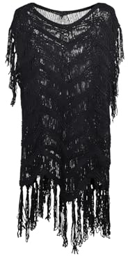 QUEEN HELENA COM2 Housse de déguisement transparente avec franges sans manches robe courte d'été pour femme, Noir , Taille unique