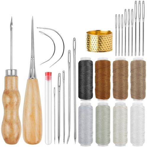 Sinofort 27PCS Leather Sewing Kit, Leather Needles Hand Sewing, Leather Repair Kit Includes Sewing Thread, Needles, Awl, Thimble, Suitable for Beginners in Leather Craftsmanship DIY Sewing Kit