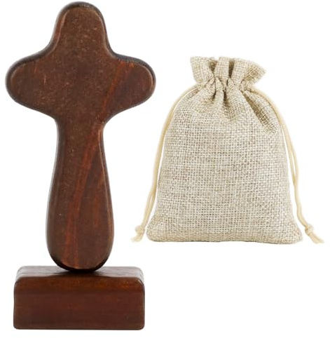 Prmape Cruz de madera con base, Cruz para Centro de Mesa, Crucifijo De Pie con Bolsa, Cruces de Madera Pequeñas para Regalo Cristiano, Iglesia, Oración 10,4 × 6 × 1,5 cm (4,1 × 2,4 × 0,6 pulgadas)