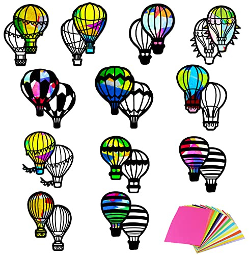 ORIGACH Kit de 48 piezas de atrapasueños de globos de aire caliente, 12 tipos de globos de aire caliente, kit de vidrieras con papel de seda de colores para ventana, aula, arte y manualidades
