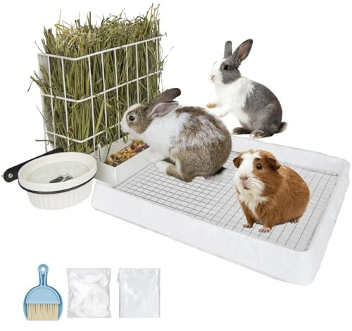 BESNEW 3 in 1 Rabbit Hay Feeder with Litter Box,Upgraded Metal Hay Rack & Litter Tray & Water Bowl,Quick Cleaning,Easy to Install,Bunny Supplies for Rabbit Guinea Pig Chinchilla Small Animals