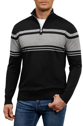 Genfien Maglione Uomo a Maglia con Zip 1/4 Collo Alto a Manica Lunga Maglione Invernale Caldo Pullover Righe Dolcevita Classico Slim Fit