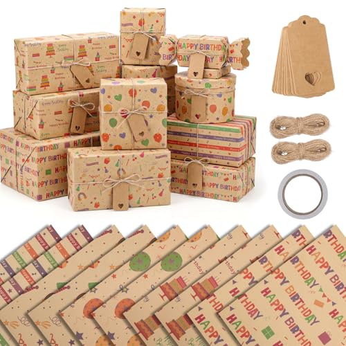 woric 10 Sheets Birthday Wrapping Paper, 50*70cm Kraft Gift Wrapping Paper | Fsc Birthday Gift Wrap Set with Tags, Jute String & Tape, 80gsm, 5 Birthday Designs, Folded Sheets