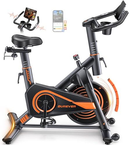 Burever Exercise Bike with LCD Display, Static and Stable Spin Bike with APP, 0-100% Magnetic Resistance, Dumbbell Rack, Exercise Bikes for Home Gym Use, 160KG Weight Capacity