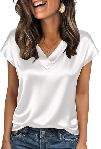 Satin Shirt Women UK Short Sleeve Party Tops for Women V Neck Elegant Silk Blouses UK Casual Tee White M 43