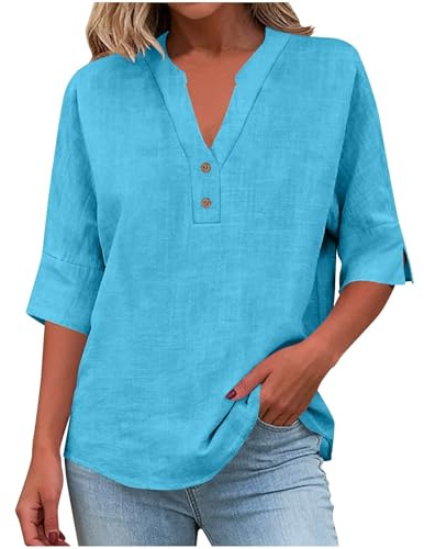 Chemise Femme Coton Et Lin Chemises Lin Manches 3/4 Col V Boutonné Top Henley Chemise Couleur Uni Lâche Respirant T-Shirts Tunique Femmes Chic Et Elegant Léger Blouse Grande Taille