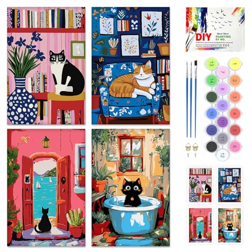 QENSPE Set med 4 måla efter siffror vuxna – retro katt (20 x 30 cm) | Skrynkelfri, sträckt duk – HD-tryck, rika detaljer – perfekt handgjord present – perfekt som väggdekoration i hemmet