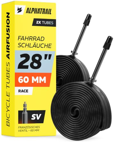 Alphatrail Camara Bicicleta Carretera AirFusion 28 Pulgadas SV 60 mm 2X Set 700x18-28C con Garantia de Movilidad I Cubierta Compatible Schwalbe, Continental, Conti, Michelin, Maxxis y Mavic