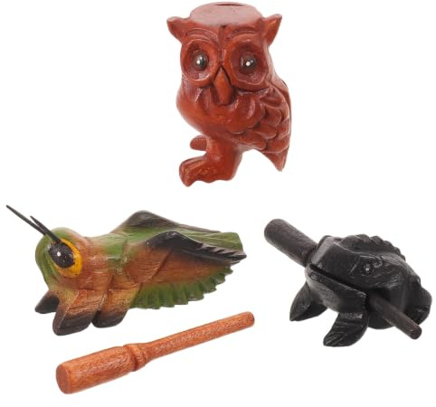 MUELODSIC 3pcs Handheld Wooden Guiro Percussion Instruments Set with Frog, Cricket, Owl Shapes Featuring Handcrafted Sound Quality and Smooth Handpolished Surface for Music Class and Group
