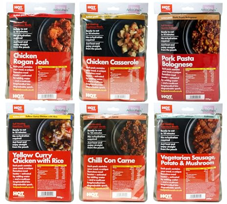 EVAQ8 Self-Heating Meals (Pack of 6) – Pre-Cooked, No Cooking Required | Flame-Less Heater Inside | 300g per Meal ~450 kcal | Outdoor, Emergency & Camping Rations