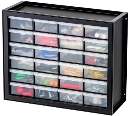 IRIS USA Plastic Storage Drawers, Made in USA, 24-Drawer Small Parts Organizer, Stackable Teacher Toolbox for Hardware, Screws, Nuts & Bolts, Stickers, Beads, Building Bricks, Garage Storage – Black
