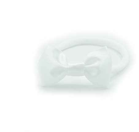 PrettyBoutique Baby Girls Satin Bow Soft Skinny Elastic Nylon Headband Hair Band Accessories (White)