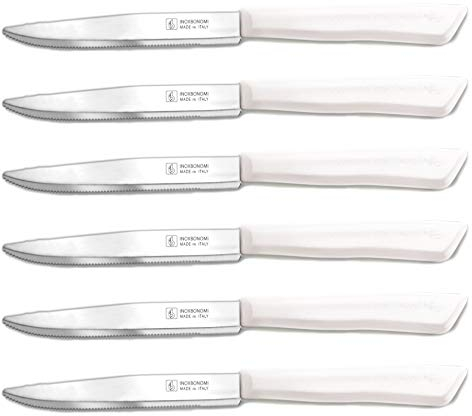 INOXBONOMI Set di 6 coltelli da cucina italiani da 11 cm, lama ondulata extra affilata, coltello da tavola, manico ergonomico, lavabili in lavastoviglie (bianco)