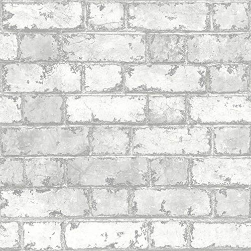 Muriva White Brick Wall Grey Shimmer Tones Effect Faux Metallic Feature Wallpaper 3D (White Brick Wall Grey Shimmer)