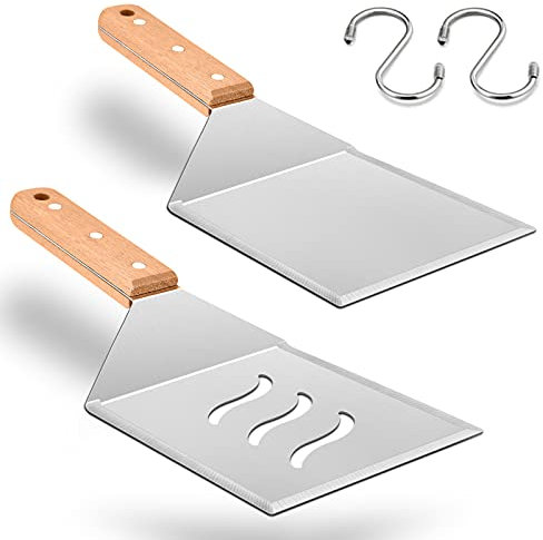 HaSteeL Wooden Metal Spatulas 2Pcs, Professional Large Griddle Spatula Tools Set, Hamburger Turner Pancake Flipper Perfect for Teppanyaki Flat Top BBQ Grilling Kitchen Cooking Indoor & Outdoor