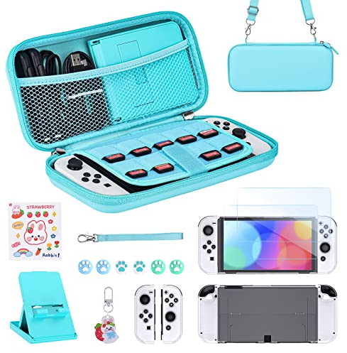 Younik Switch OLED Accessories Bundle, 17 in 1 Switch OLED Accessories Kit Include Switch Carrying Case with 9 Game Card Slots, Adjustable Stand, Protective Case for Switch Console & J-Con(Blue)