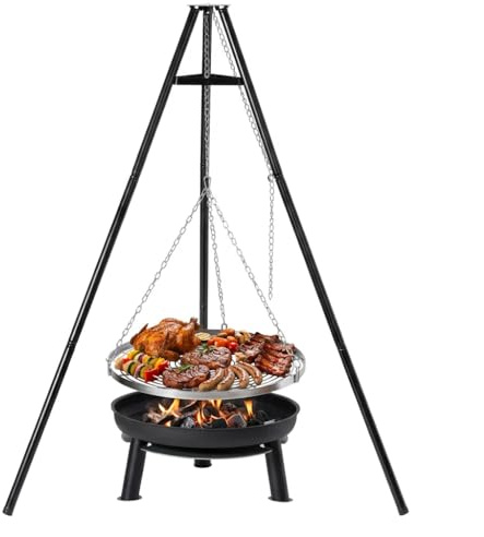 Tarrington House Holzkohle-Schwenkgrill, Edelstahl/Stahl, Ø 66 cm, höhenverstellbares Stahlgitter, Kette aus Zink, schwarz