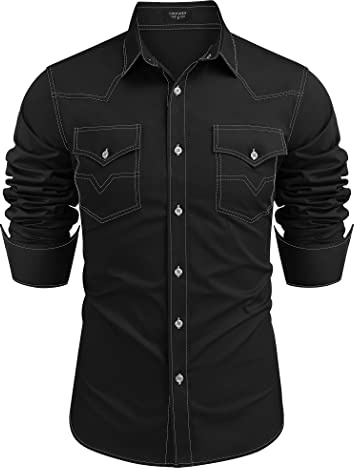 COOFANDY Mens Shirt Western Dress Long Sleeve Casual Cotton Button Down Denim Work Shirt