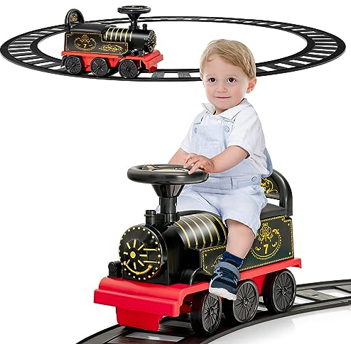 DREAMADE Elektro Zug zum Aufsitzen mit Gleis, 6V Kinder Elektroauto mit Musik & Licht, Kinderauto mit Stauraum, für Kinder ab 3 Jahren (Schwarz)