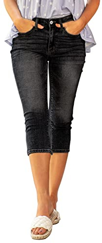 Roskiky Pantalones vaqueros capri para mujer de cintura alta Skinny Ripped Jean Denim, Negro , L