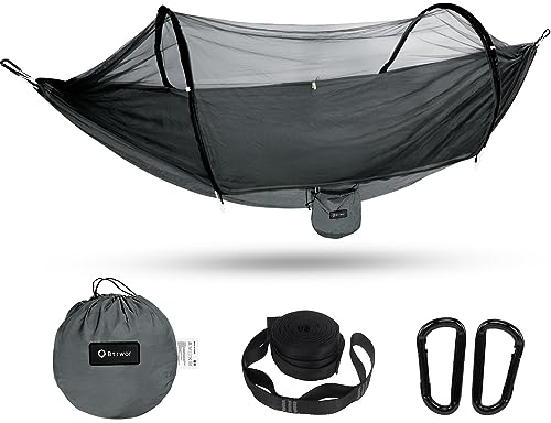 BTRWOR Hängematte, Hängematte Outdoor mit Moskitonetz | Nylon Camping Reisehängematte | 300kg Traglast | 260x140cm | Campingzubehör für draußen, drinnen mit Baumgurten (Dunkelgrau)
