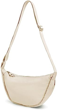 GoPaw Damen Halbmond Crossbody Schultertasche, Hobo Halfmoon Bag, Nylon Crossbody Bag Damen Halbmond Schultertasche mit verstellbarer Schultergurt, Einfarbige(Beige)