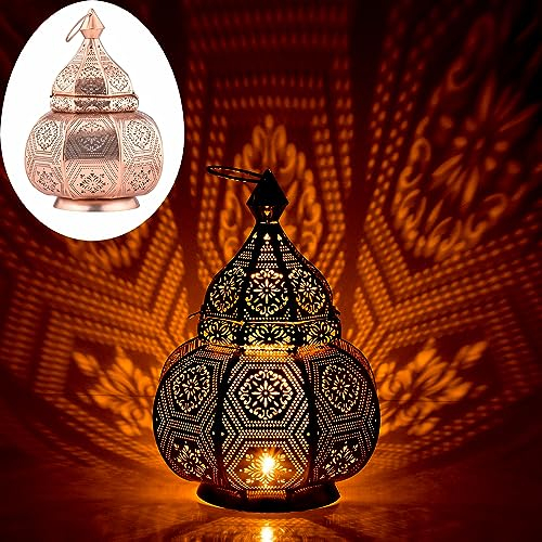 Marrakesch Lampe und Laterne in einem aus Metall 30 cm groß | Tischlampe Windlicht Mahana Kupfer als Orientalische Dekoration