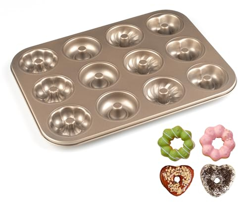 Parmedu Donut-Backform Kuchenform: 12 Mulden Antihaft-Donut-Backform aus Kohlenstoffstahl - Blumenherz-förmige-Form Muster Donut-Gebäckform, Ungiftig & Spülmaschinenfest (Champagner Gold)