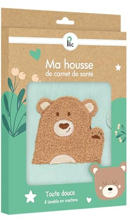 PLIC - Protège Carnet de Santé Bébé - Housse de Protection Douce Modèle Ours - Lavable en Machine - Fermeture Scratch - Design Ludique