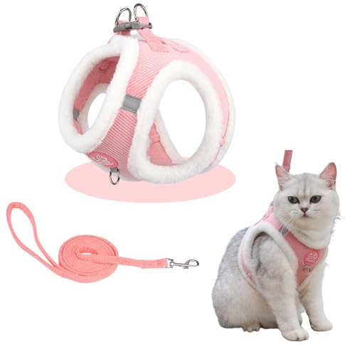 Katzenleine, Ausbruchsicher Katzen, Katzengeschirr Und Katzenleine Set, Mit Zugseil, Mit Reflexstreifen, Für Mittelgroße Katzen Geeignet, XS (Halsumfang: 28-30 cm, Oberweite: 32-36 cm), Pink