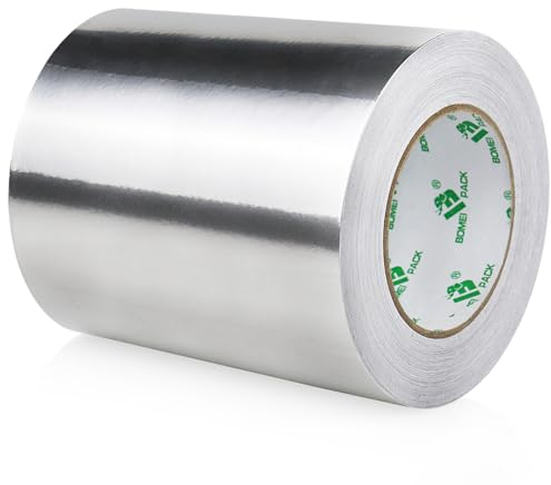 BOMEI PACK Cinta adhesiva de aluminio, 150 mm x 50 m, autoadhesiva, color plateado, resistente al agua y al calor para sellar, fuerte cinta de aluminio autoadhesiva