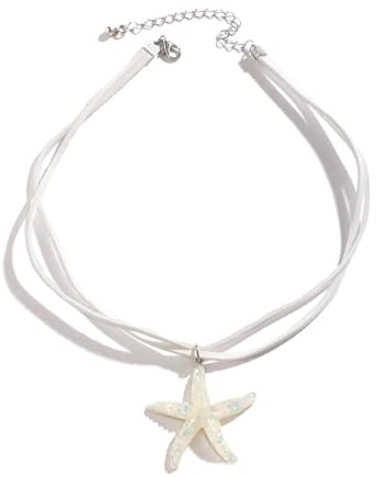 GAUEIOUR Starfish Necklace,Bohemian Starfish Pendant with Exaggerated Ocean Style and Vacation Beach Accessories Alloy Necklace,Jewelry Gifts for Women Girls(White)