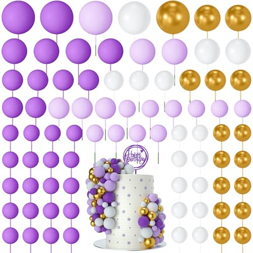 NACHLYNN 80 Piezas de Bolas para Decorar Pasteles, Adornos de Bolas para Pasteles bolas de espuma para Fiestas Bodas Cumpleaños(Serie Morado Dorado)