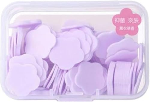100Pcs Purple Mini Portable Travel Soap Paper Sheets,Flower Shape Disposable Paper Soap Flakes, Foot and Hand Care Hand Wash Cleaning Washing Hand Toiletry Sheets Foot and Hand Care Cleansers