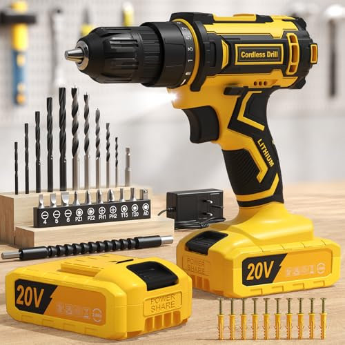 Cordless Drill, 20V Power Drill Set with 25+1 Max 370 in-lb Torque, Electric Combi Drills and Screwdriver Set, 3/8 Keyless Chuck, 42Pcs Bits, 2000mAh Battery Drills Driver Tools for Home Repair DIY