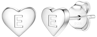 Delicate S925 Silver Heart Pendant Earrings Gift 26 Letter Initial A-Z Stud Erarrings For Women Girls Mum Daughter Sisters Friends Lover Birthday Christmas Party Silver Jewellery (E)