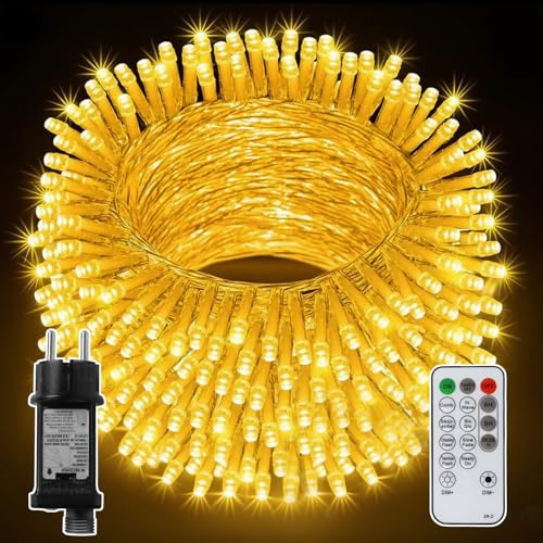 CNMTCCO Guirnaldas Luces Exterior Enchufe, 20M 200LED Luces para interiores blanco cálido con control remoto y función de temporización, 8 modos, resistente al agua IP44 para fiestas navideñas (20M)