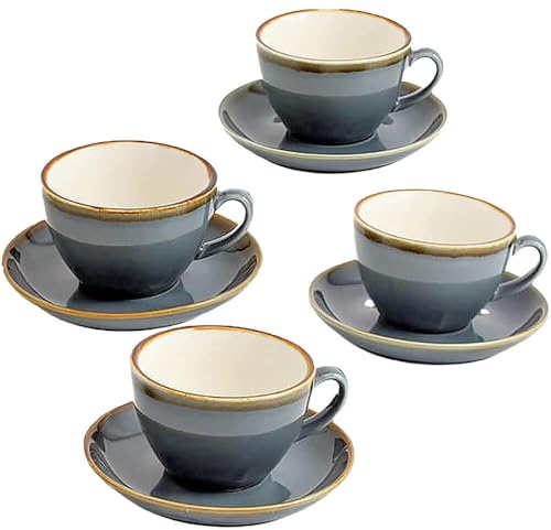 SHUER Ceramic Cappuccino Cup Set of 4, 11.2 OZ Cups and Saucers Set,Coffee Mocha Cup Sets,Black Coffee Cups and Glaze Americano Mug Great for Party and Low Tea Time (Blue 320ml)