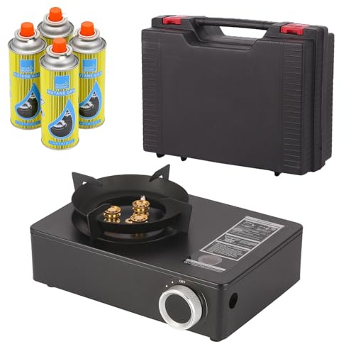 Compact Portable Gas Stove Burner - Camping Stove with & Carry Case - Ideal for Outdoor BBQs, Picnics, Travel Cooking - Outdoor Windproof Camp Stove, Cooking Grill, Propane Burner - Gas Stove + 4 Gas