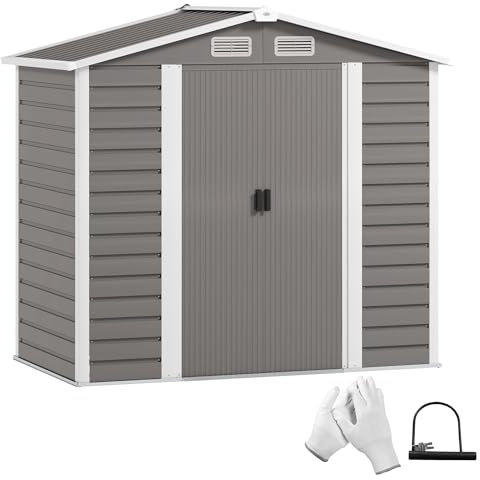 Outsunny 7 x 4ft Garden Shed, Easy to Assemble, Upgraded Galvanised Steel Frame with Foundation Kit, Double Doors with Lock, Outdoor Metal Shed with Vents and Gloves, Garden Storage Shed, Light Grey