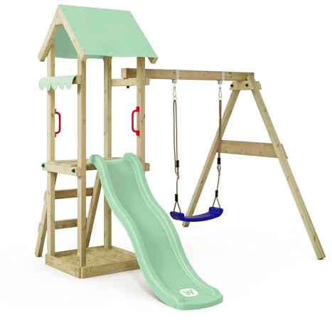 WICKEY Aire de Jeux TinyWave portique en Bois avec balançoire et Toboggan, Tour d'escalade pour Enfants avec bac à Sable, échelle et Accessoires de Jeu pour Le Jardin. (Vert Pastel)