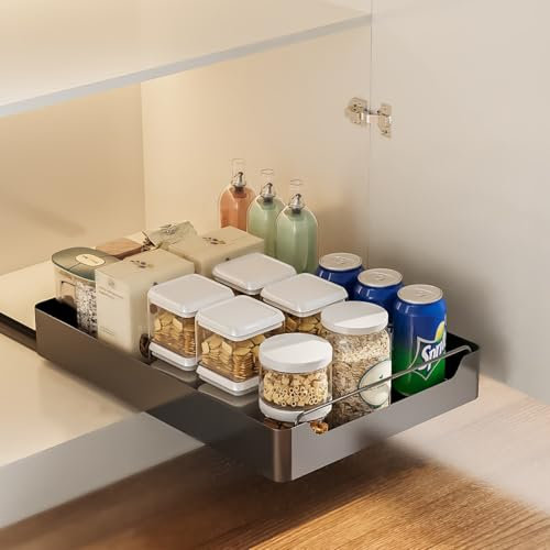 Adjustable Telescopic Pull-Out Drawer Shelves for Kitchen Cabinets Space-Saving nizer with Rail System Black (43x40x7cm) - Ideal for Base Cabinets