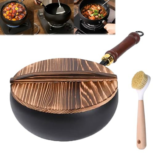 Shafaja Japanische Eisenpfanne, Japanische Eisenpfanne Mit Holzdeckel, Handgeschmiedete Antihaftbeschichtete Eisenpfanne Ohne Beschichtung (Pot brush set, 28cm Wooden lid)