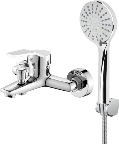 Yolispa Grifo para bañera con ducha incluida, mezclador monomando de latón, montaje en pared con alcachofa de ducha de 3 funciones y tubo de 1.5 m para ducha de baño