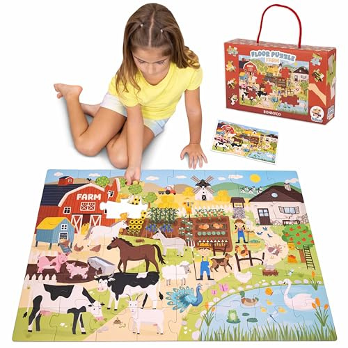 BONNYCO Puzzle Enfant Geant Animaux de la Ferme avec 48 Pièces de Grande Taille. Jigsaw Puzzle XXL 92 x 62 cm pour Cadeau Enfant. Jouet Educatif Garcon et Fille 2-8 Ans